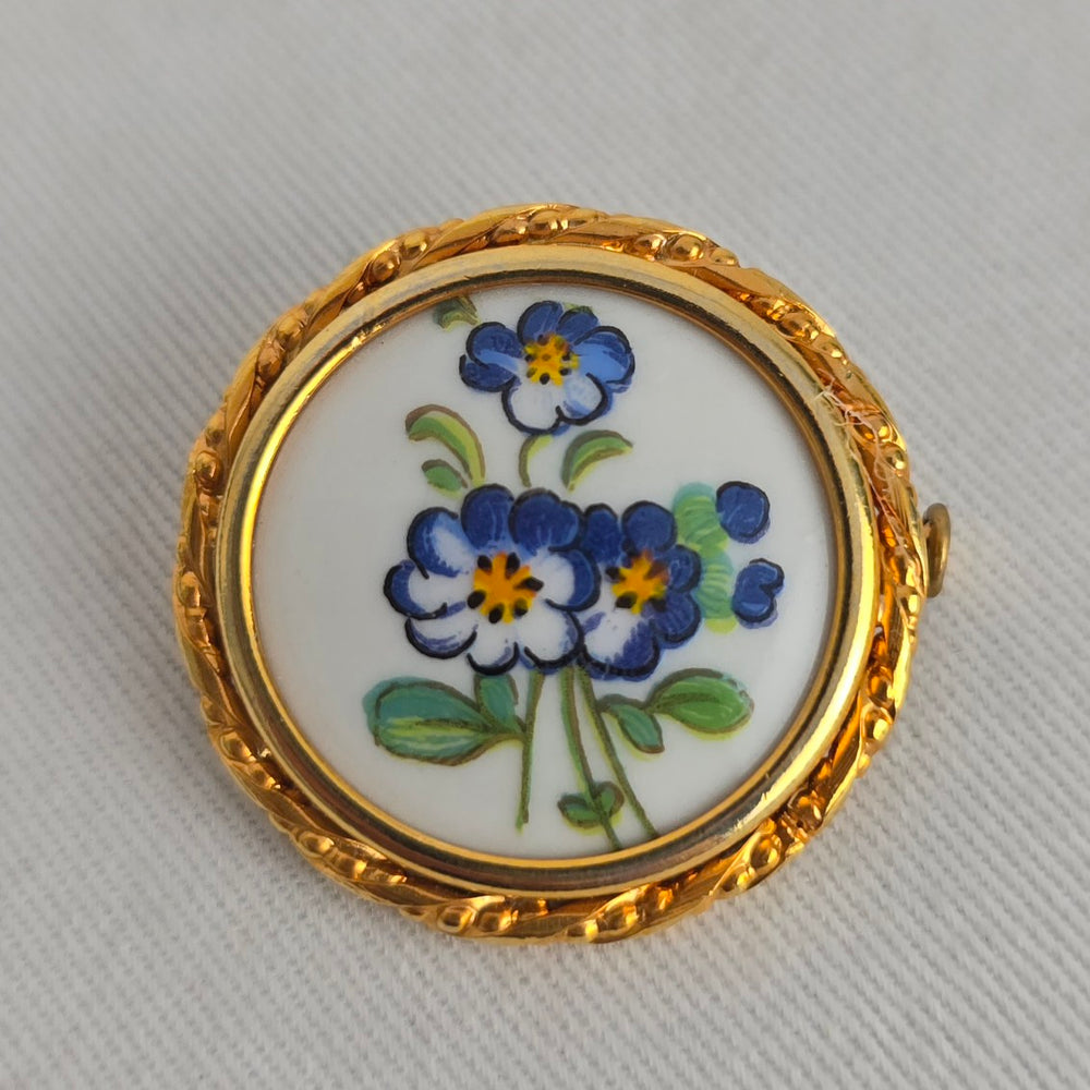 Vintage Limoges France Porcelain Forget Me Not Flower Brooch Pin Blue Gold Tone