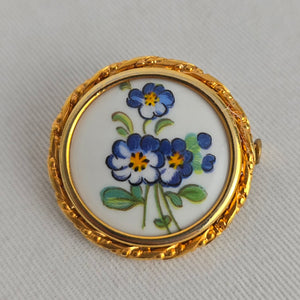 Vintage Limoges France Porcelain Forget Me Not Flower Brooch Pin Blue Gold Tone