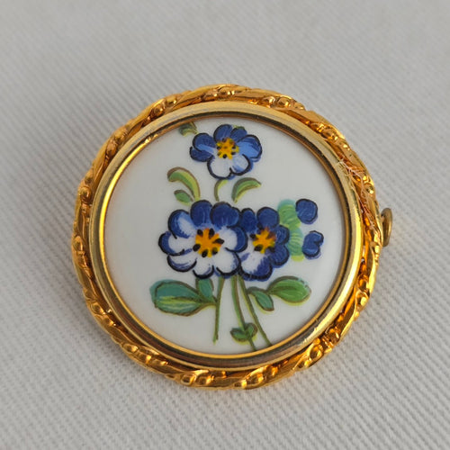Vintage Limoges France Porcelain Forget Me Not Flower Brooch Pin Blue Gold Tone