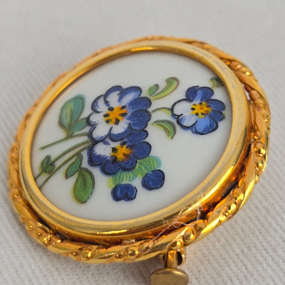 Vintage Limoges France Porcelain Forget Me Not Flower Brooch Pin Blue Gold Tone