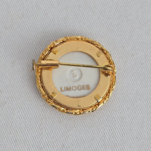 Vintage Limoges France Porcelain Forget Me Not Flower Brooch Pin Blue Gold Tone