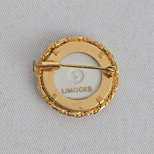 Vintage Limoges France Porcelain Forget Me Not Flower Brooch Pin Blue Gold Tone