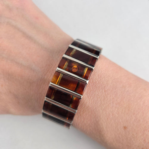 Vintage Tortoise Shell & Silver Tone Link Bracelet Magnetic Cuff Jewelry