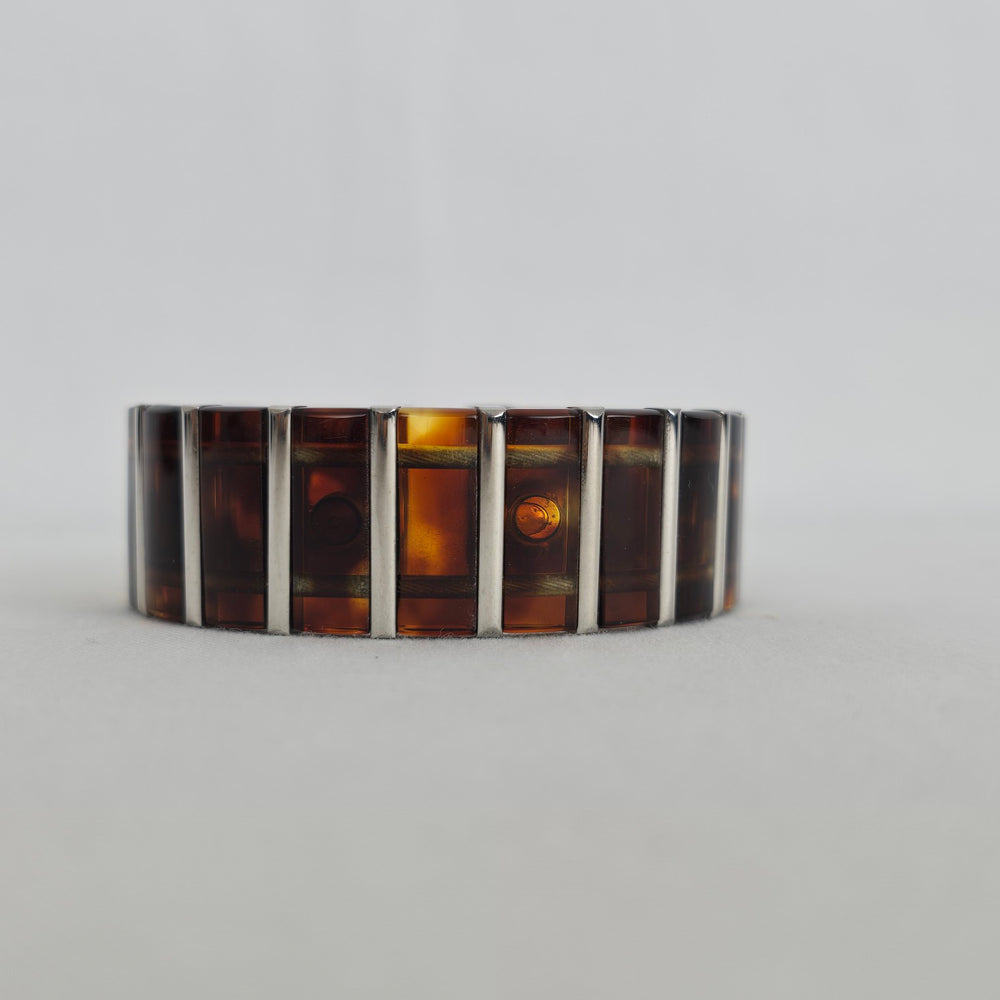 Vintage Tortoise Shell & Silver Tone Link Bracelet Magnetic Cuff Jewelry