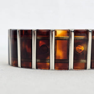 Vintage Tortoise Shell & Silver Tone Link Bracelet Magnetic Cuff Jewelry
