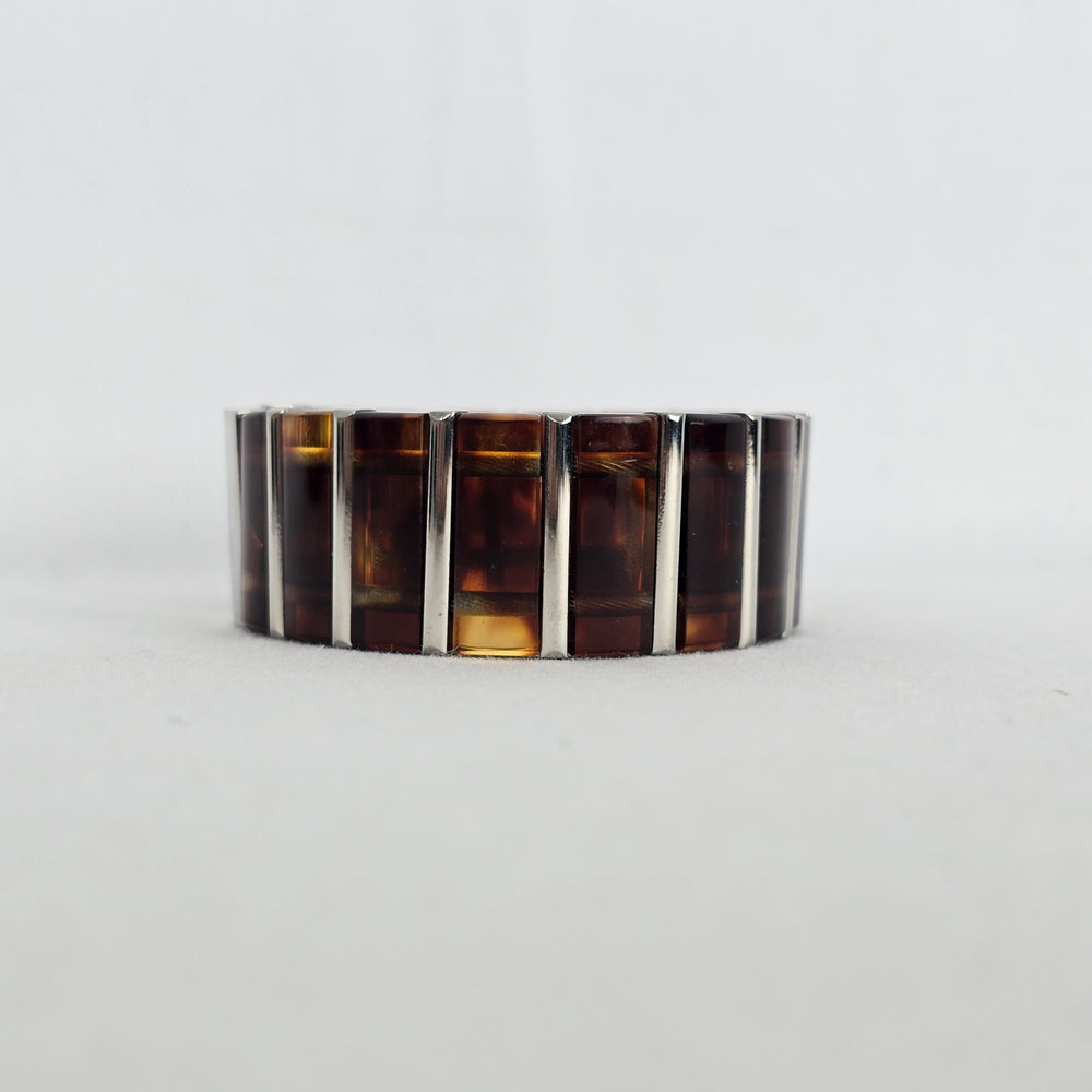 Vintage Tortoise Shell & Silver Tone Link Bracelet Magnetic Cuff Jewelry