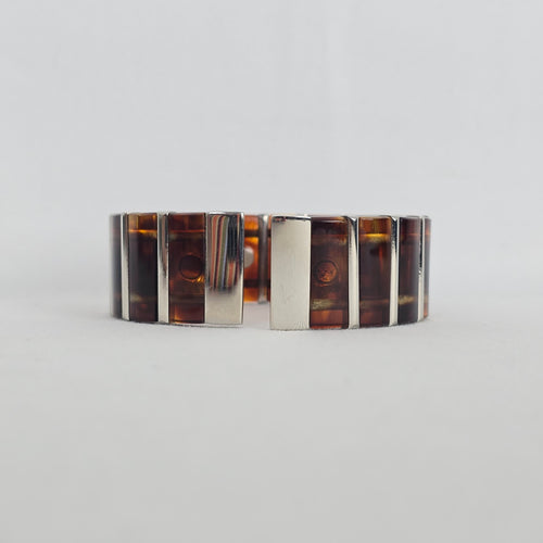 Vintage Tortoise Shell & Silver Tone Link Bracelet Magnetic Cuff Jewelry