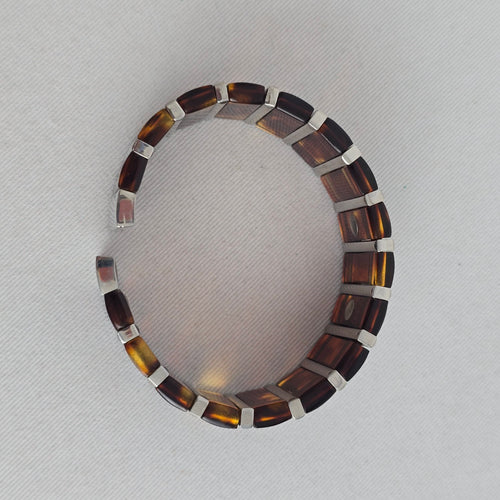 Vintage Tortoise Shell & Silver Tone Link Bracelet Magnetic Cuff Jewelry