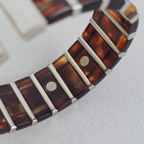 Vintage Tortoise Shell & Silver Tone Link Bracelet Magnetic Cuff Jewelry