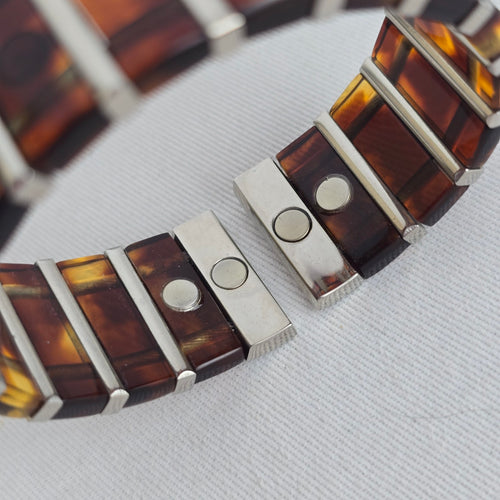 Vintage Tortoise Shell & Silver Tone Link Bracelet Magnetic Cuff Jewelry