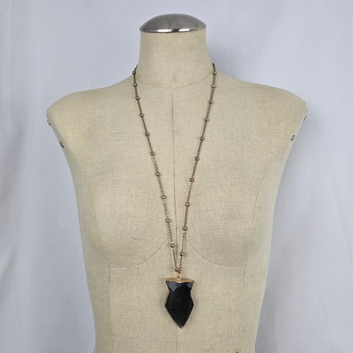 Vintage Black & Gold Stone Pendant Necklace Gold Tone Ball Chain Jewelry