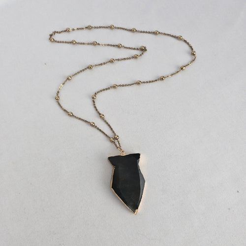 Vintage Black & Gold Stone Pendant Necklace Gold Tone Ball Chain Jewelry
