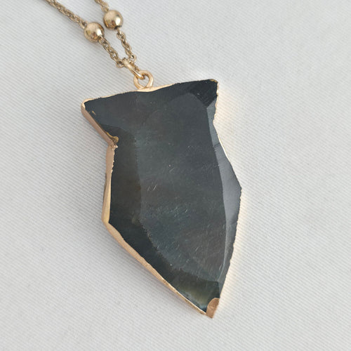Vintage Black & Gold Stone Pendant Necklace Gold Tone Ball Chain Jewelry