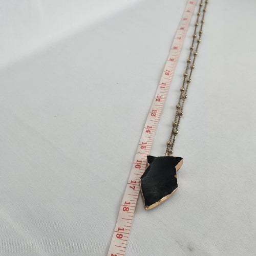 Vintage Black & Gold Stone Pendant Necklace Gold Tone Ball Chain Jewelry