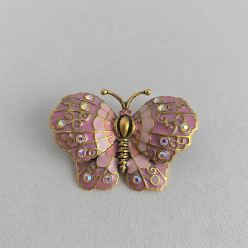 Vintage Joan Rivers Pink Enamel Butterfly Brooch Crystal Gold Tone Jewelry