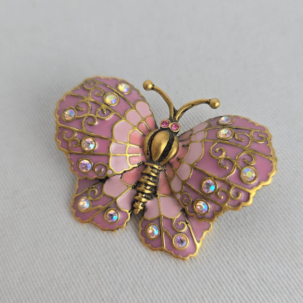 Vintage Joan Rivers Pink Enamel Butterfly Brooch Crystal Gold Tone Jewelry