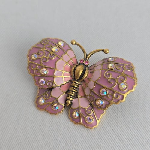 Vintage Joan Rivers Pink Enamel Butterfly Brooch Crystal Gold Tone Jewelry