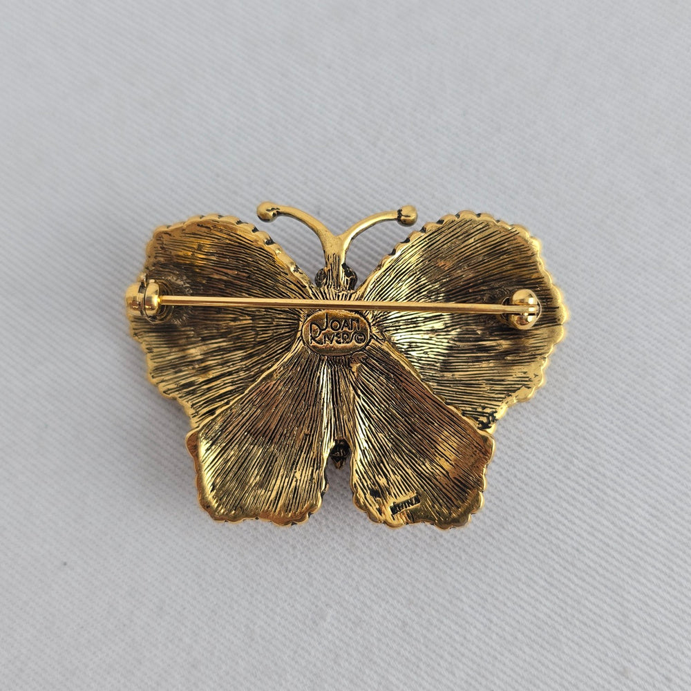 Vintage Joan Rivers Pink Enamel Butterfly Brooch Crystal Gold Tone Jewelry