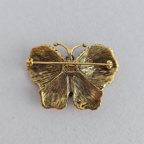 Vintage Joan Rivers Pink Enamel Butterfly Brooch Crystal Gold Tone Jewelry