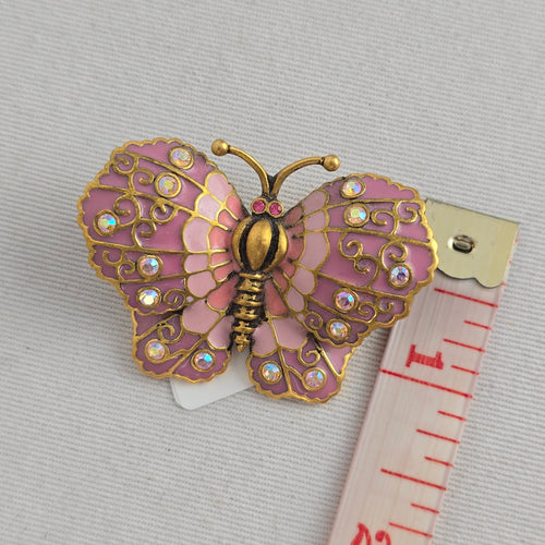 Vintage Joan Rivers Pink Enamel Butterfly Brooch Crystal Gold Tone Jewelry