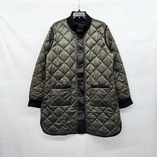 Charlie B Olive Green Diamond Quilted Long Coat Black Trim Snap Front Jacket Size XL
