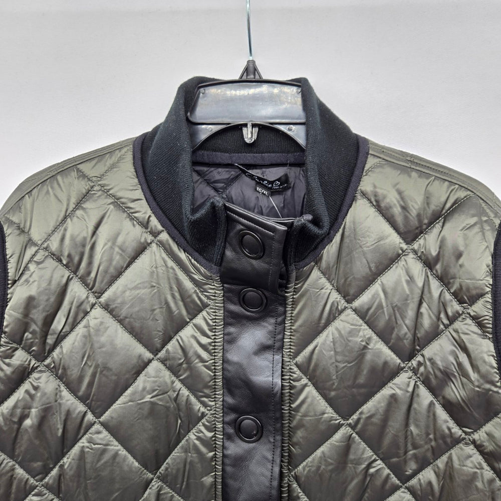 Charlie B Olive Green Diamond Quilted Long Coat Black Trim Snap Front Jacket Size XL