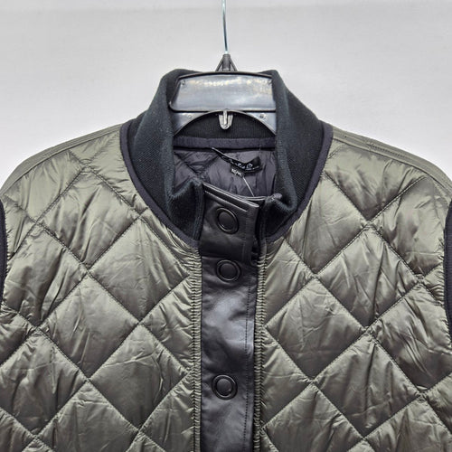 Charlie B Olive Green Diamond Quilted Long Coat Black Trim Snap Front Jacket Size XL