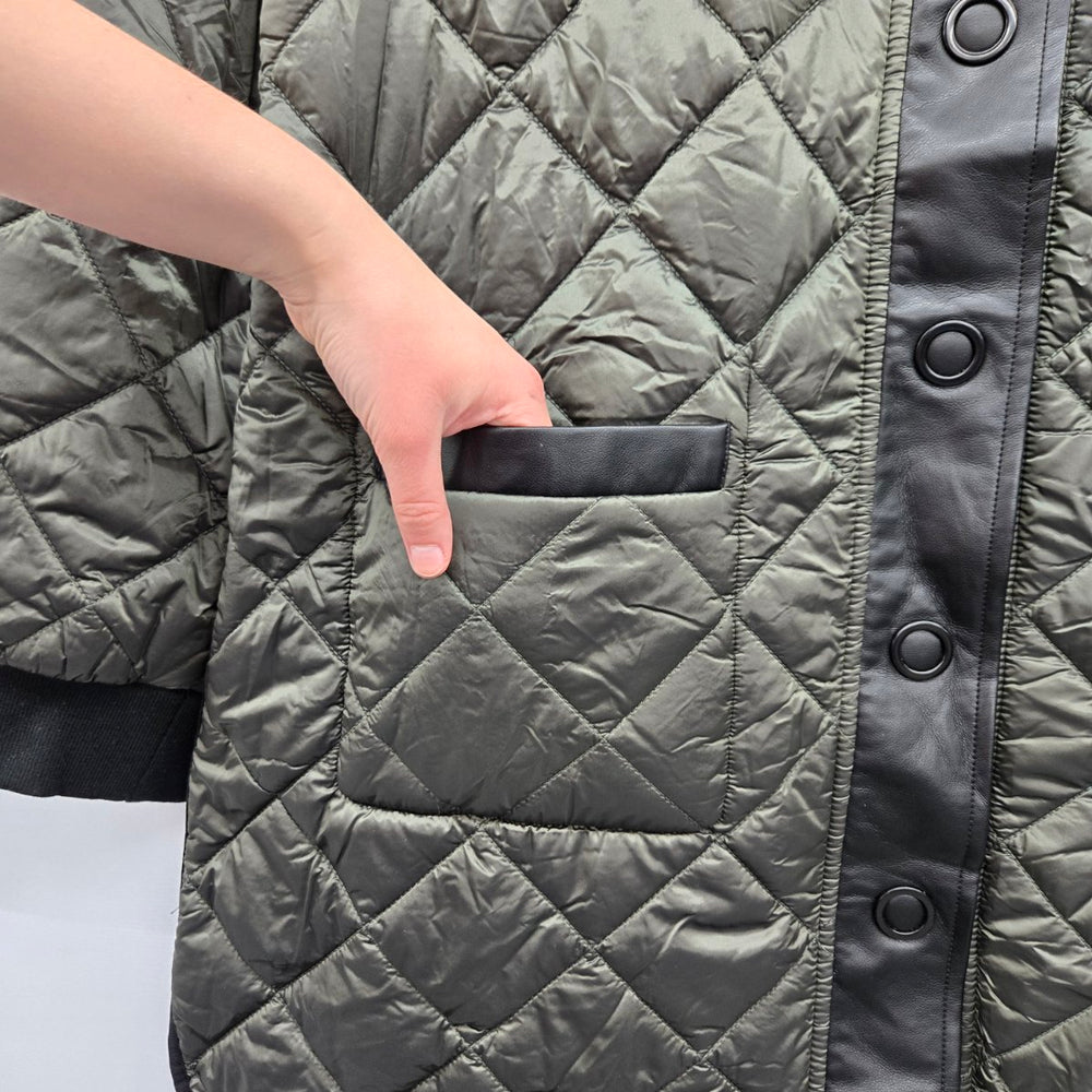 Charlie B Olive Green Diamond Quilted Long Coat Black Trim Snap Front Jacket Size XL