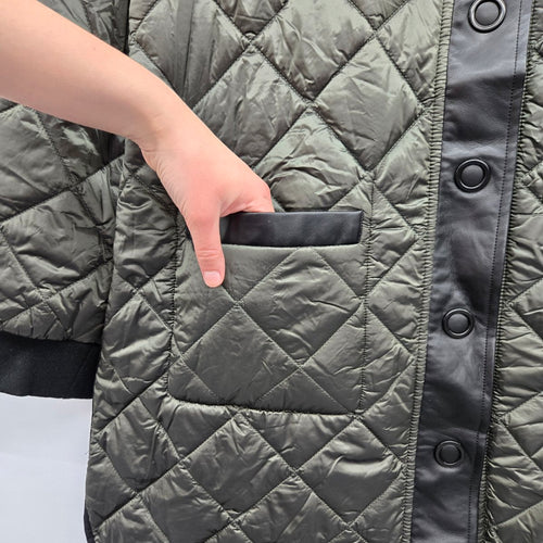 Charlie B Olive Green Diamond Quilted Long Coat Black Trim Snap Front Jacket Size XL