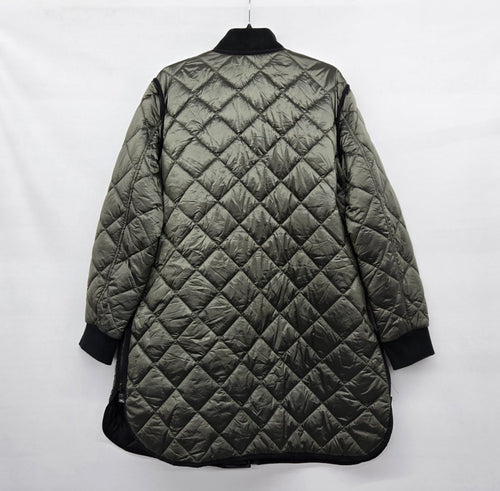 Charlie B Olive Green Diamond Quilted Long Coat Black Trim Snap Front Jacket Size XL
