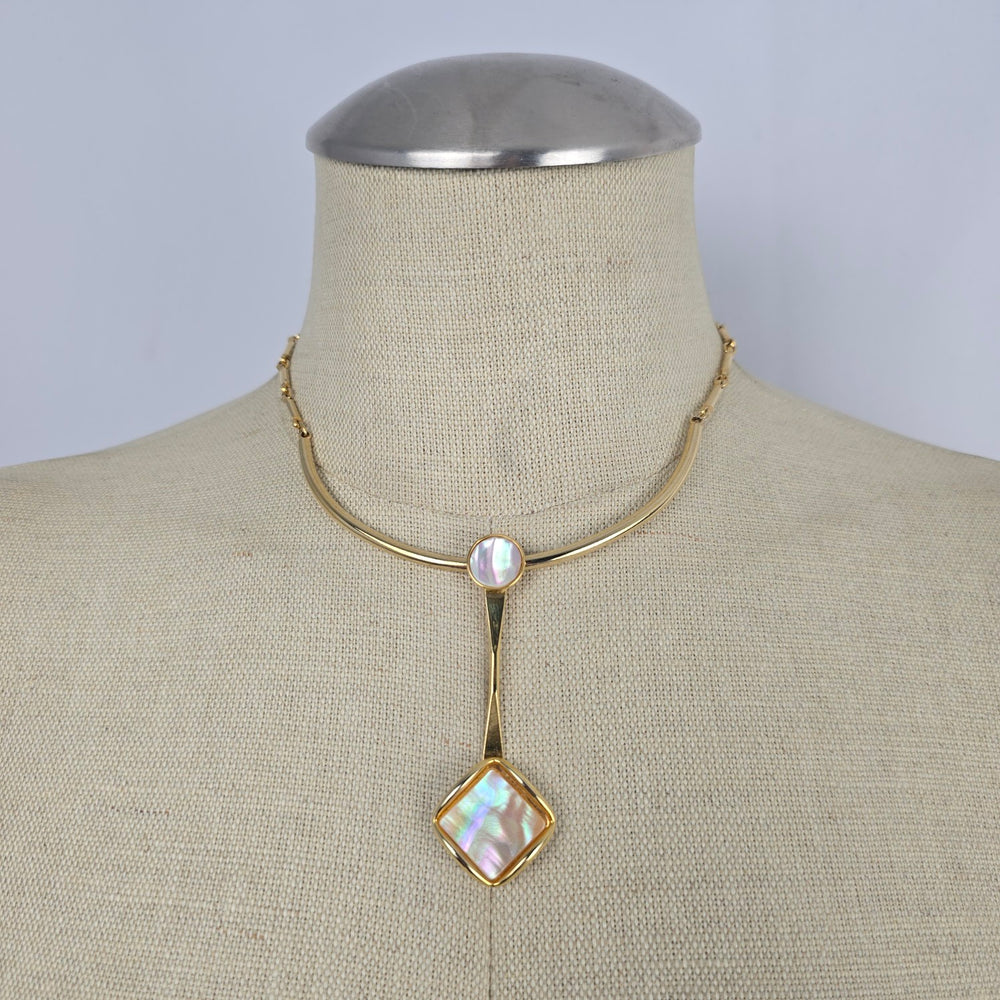Vintage Gold Tone Mother of Pearl Necklace & Earring Set Pendant Jewelry