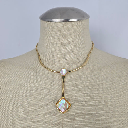 Vintage Gold Tone Mother of Pearl Necklace & Earring Set Pendant Jewelry