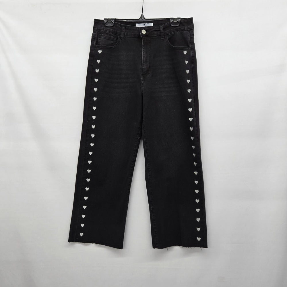 Flying Angel Women’s Black Wide Leg Jeans White Heart Embroidery Raw Hem - Size 11