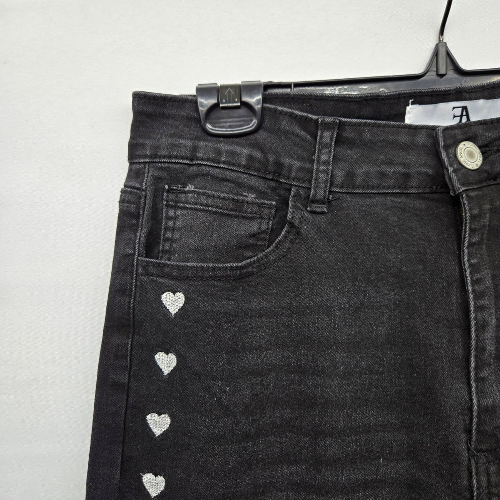 Flying Angel Women’s Black Wide Leg Jeans White Heart Embroidery Raw Hem - Size 11