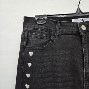 Flying Angel Women’s Black Wide Leg Jeans White Heart Embroidery Raw Hem - Size 11