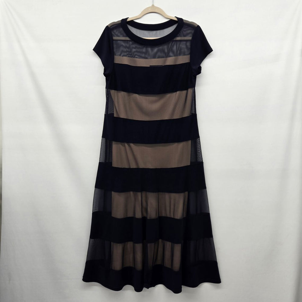 Vintage R&M Richards Navy Blue Mesh Stripe Dress - Size 14