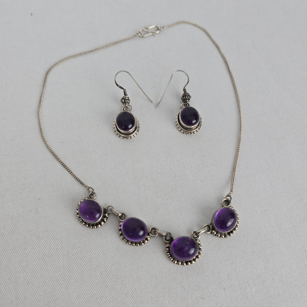Vintage Sterling Silver Oval Amethyst Necklace & Dangle Earring Set