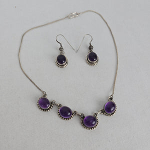 Vintage Sterling Silver Oval Amethyst Necklace & Dangle Earring Set