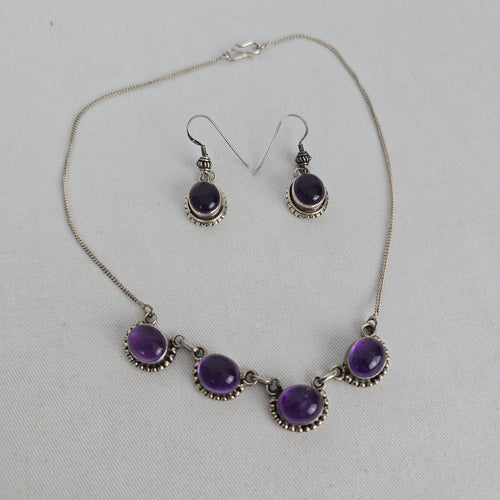 Vintage Sterling Silver Oval Amethyst Necklace & Dangle Earring Set