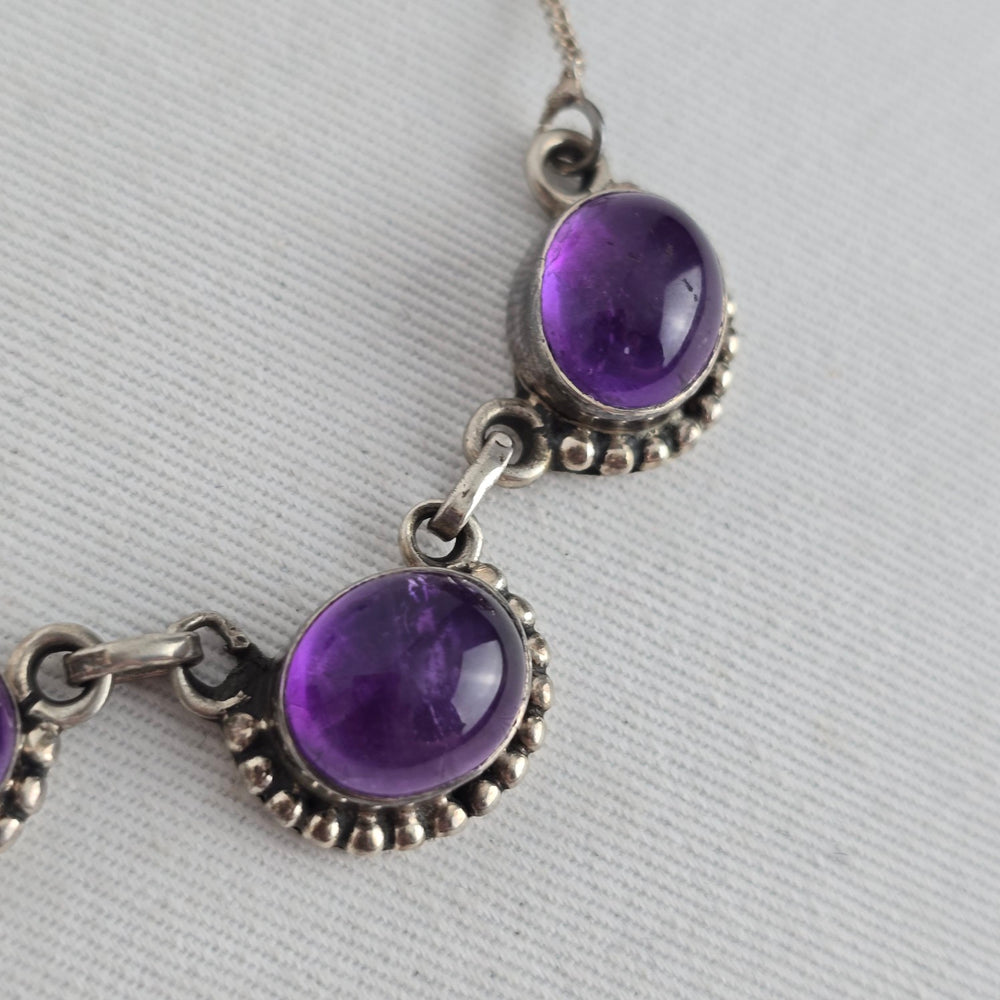 Vintage Sterling Silver Oval Amethyst Necklace & Dangle Earring Set