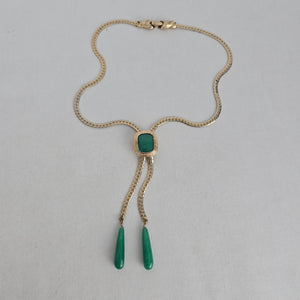Vintage Gold Tone Green Stone Lariat Necklace Teardrop Pendant Jewelry