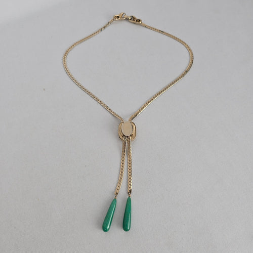 Vintage Gold Tone Green Stone Lariat Necklace Teardrop Pendant Jewelry