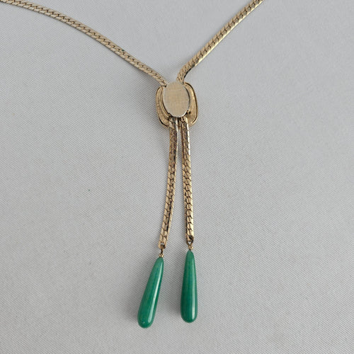 Vintage Gold Tone Green Stone Lariat Necklace Teardrop Pendant Jewelry
