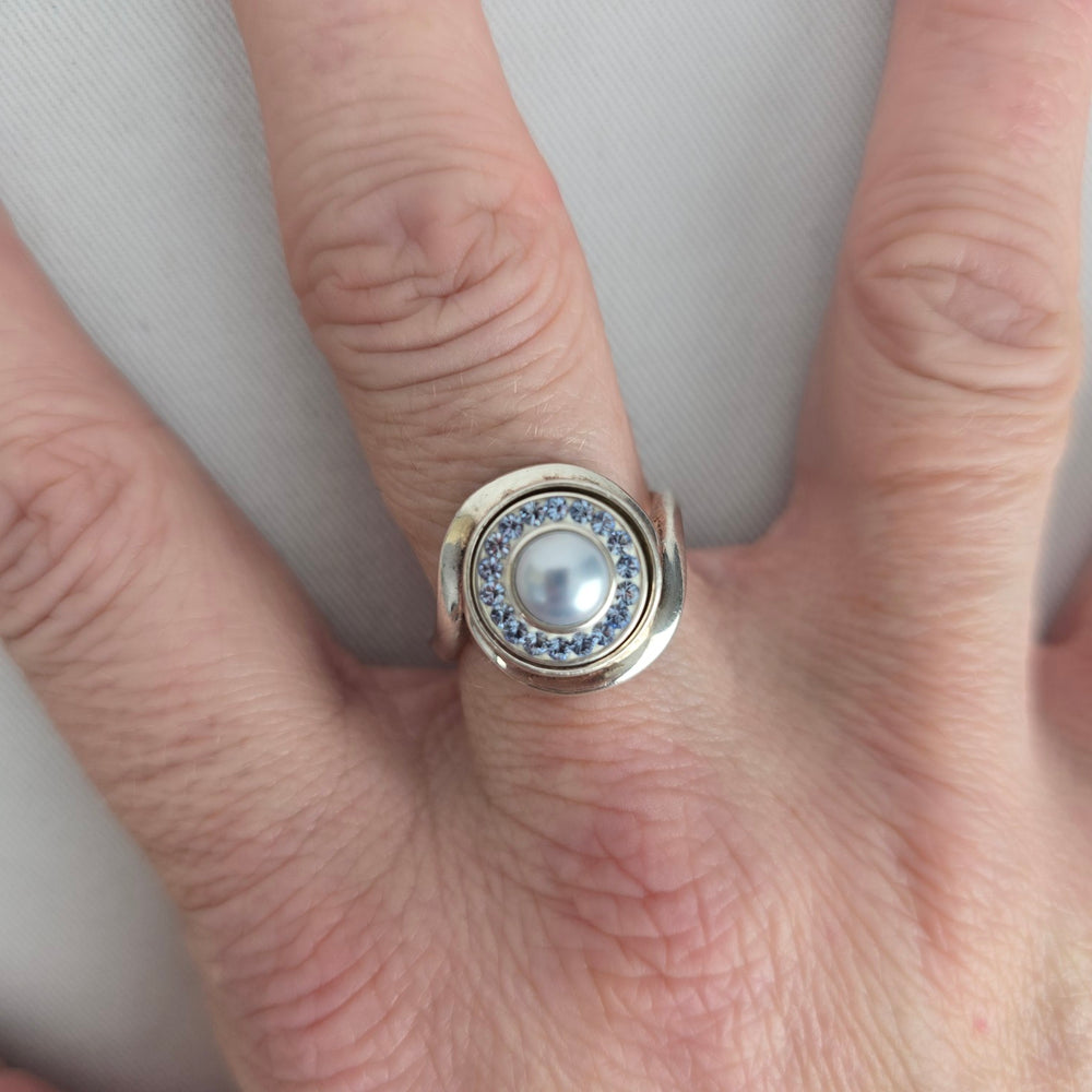 Vintage Sterling Silver Kameleon Pearl Crystal Interchangeable Ring 925 Jewelry