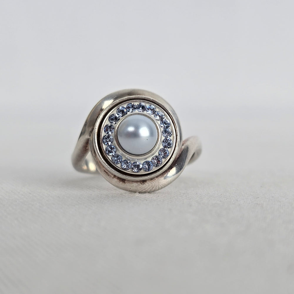 Vintage Sterling Silver Kameleon Pearl Crystal Interchangeable Ring 925 Jewelry