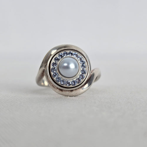 Vintage Sterling Silver Kameleon Pearl Crystal Interchangeable Ring 925 Jewelry