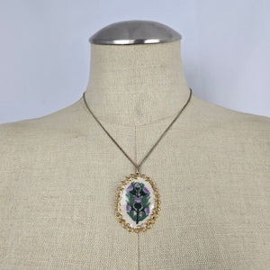 Vintage Gold Tone Cross Stitch Floral Pendant Necklace
