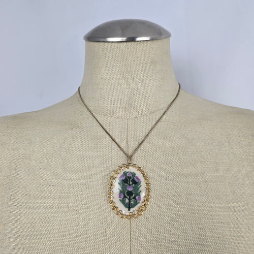 Vintage Gold Tone Cross Stitch Floral Pendant Necklace