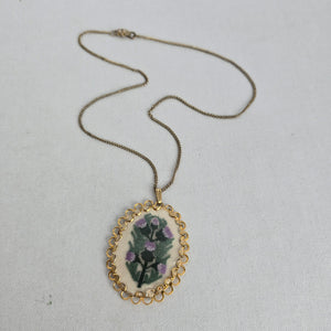 Vintage Gold Tone Cross Stitch Floral Pendant Necklace