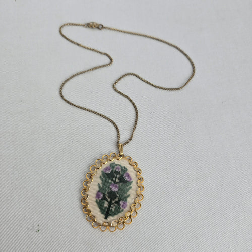 Vintage Gold Tone Cross Stitch Floral Pendant Necklace
